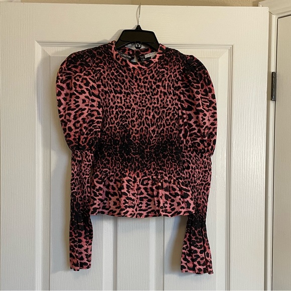 Topshop Leopard Print Shirred Blouse in Pink and Black - Picture 2 of 9